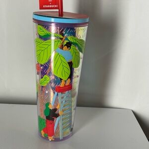Starbucks Red and Blue Tumbler with Green Leaf Art